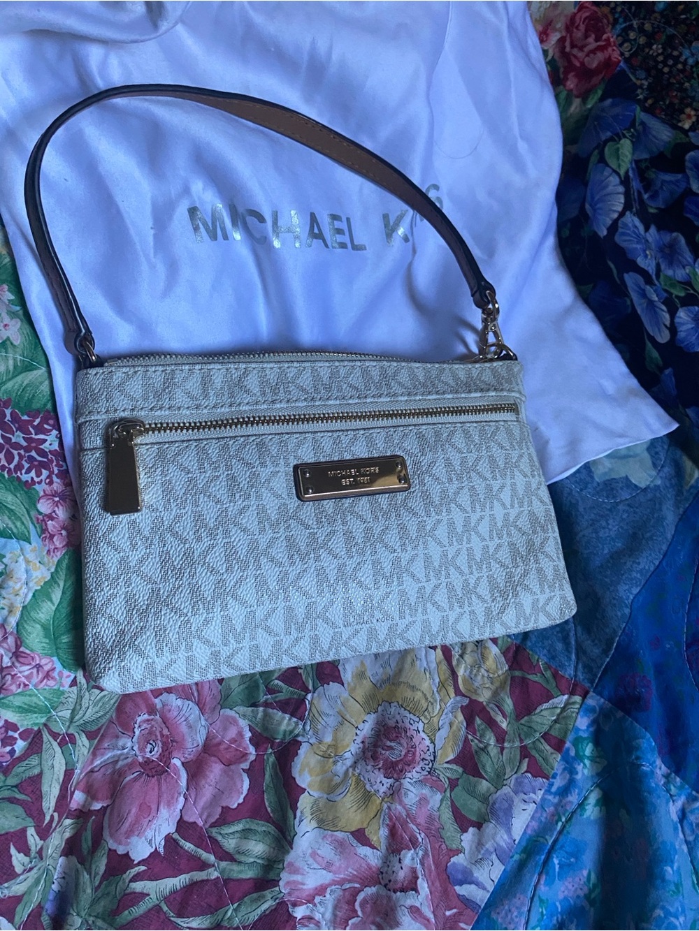 Michael Kors Cream Logo Zip Wristlet with Gold Hardware